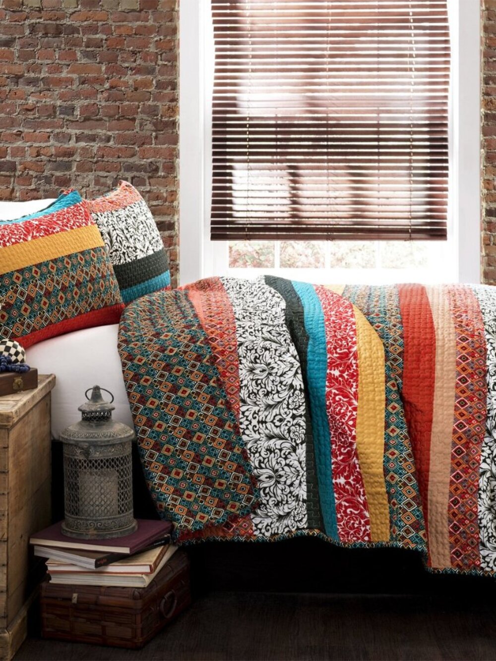 Boho Stripe Reversible Cotton Quilt 3-Piece Set, Full/ Queen, Turquoise &